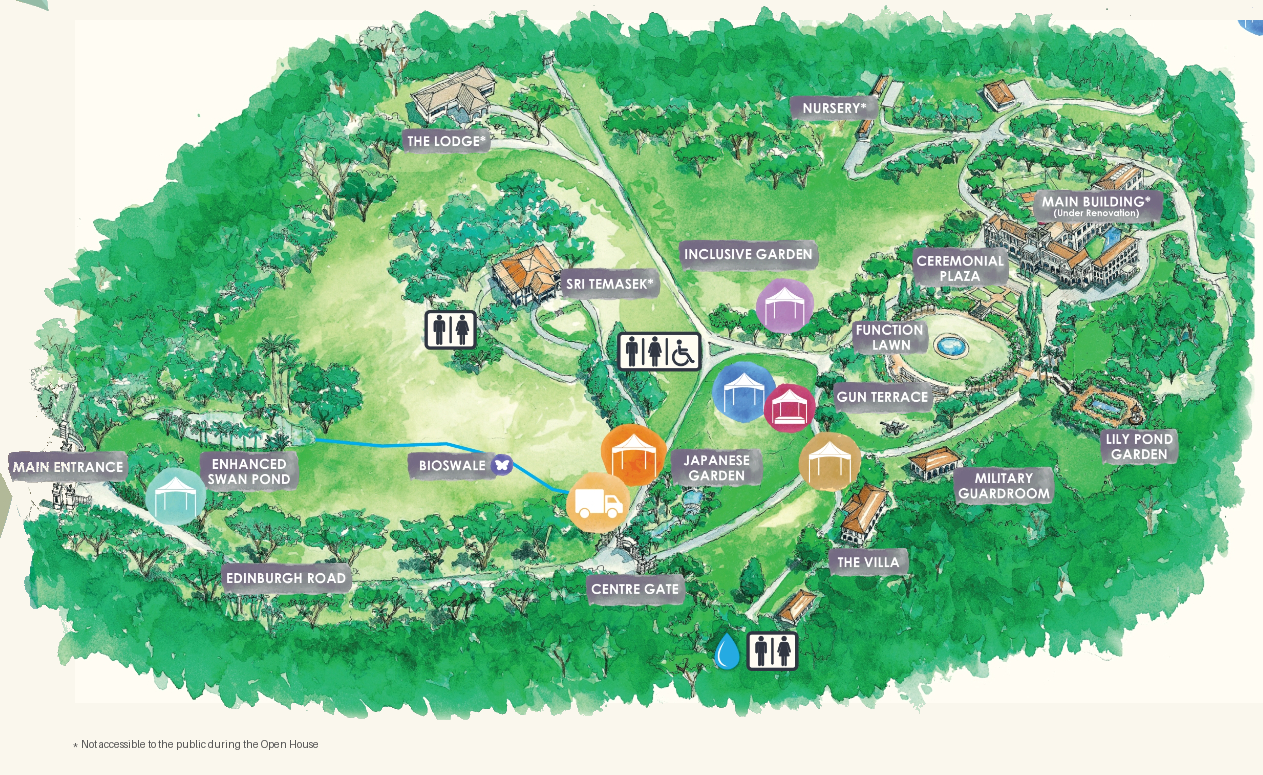 Illustrated Istana map with tour route and highlights: Main Building, Sri Temasek, gardens.